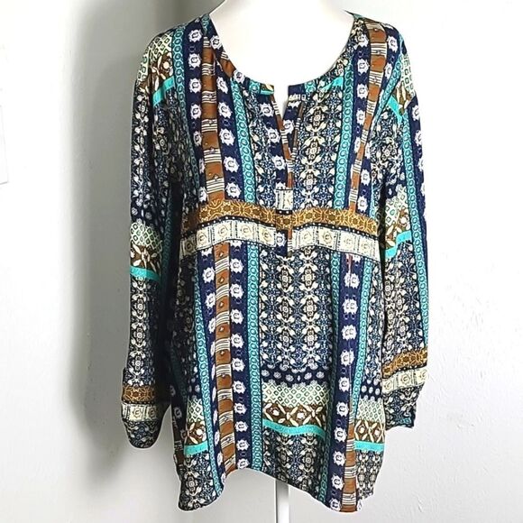VanHeusen Printed Top in Blues, Teal & Brown, Button-tab Longsleeves, Size XXL - Picture 1 of 8
